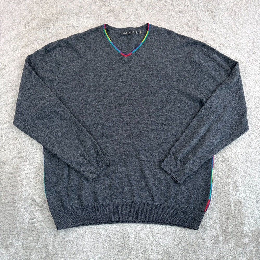 Bugatchi 100% Merino Wool V Neck Sweater in Grey Men 2XL Contrast‎ Trim Preppy